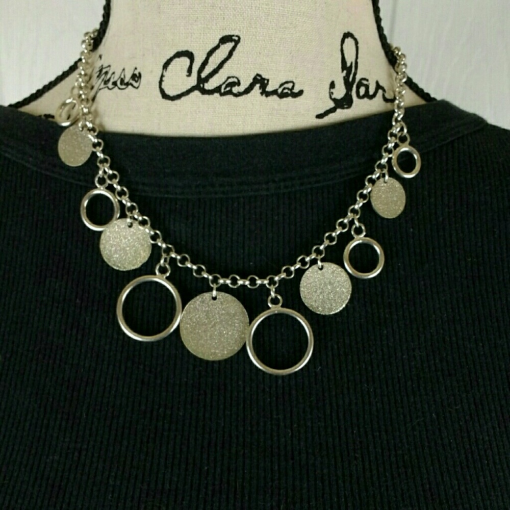 Silver tone 18" chain with circle & hoop pendants